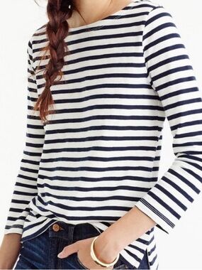 J Crew Navy Blue & White Striped Boatneck TShirt